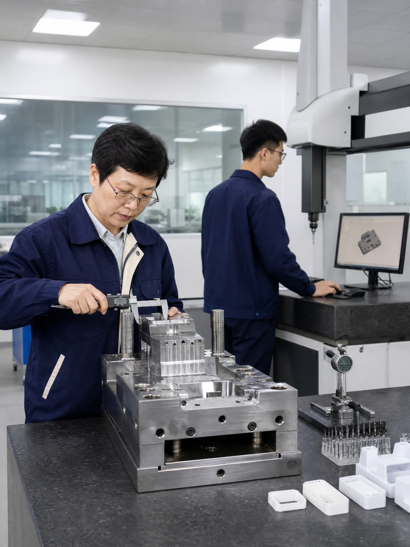 Quality professionals inspecting a precision mold in a metrology room