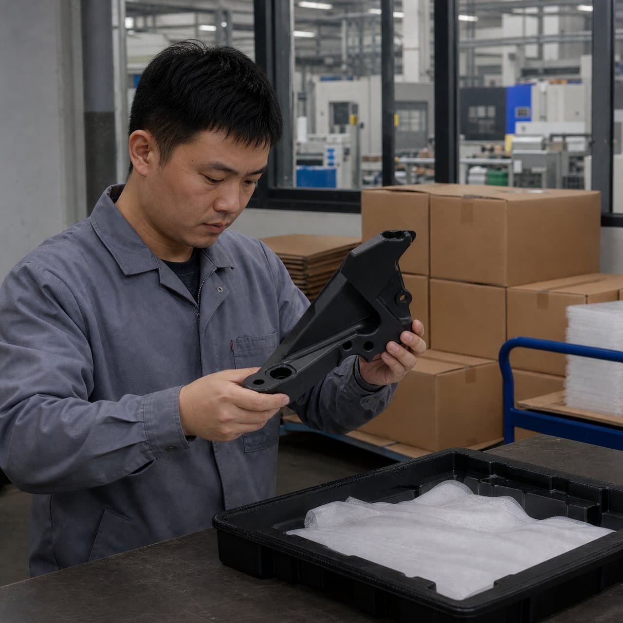 Quality technician checking an injection molded part before export packing