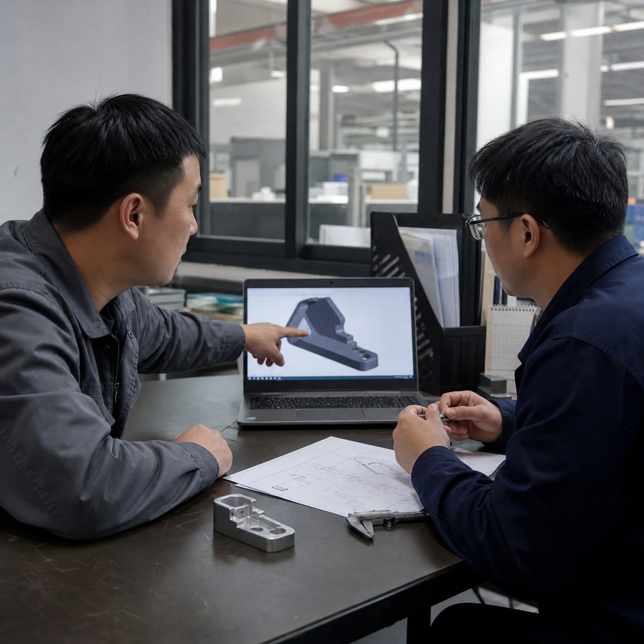 Engineers reviewing a molded-part drawing and project scope at a factory office desk