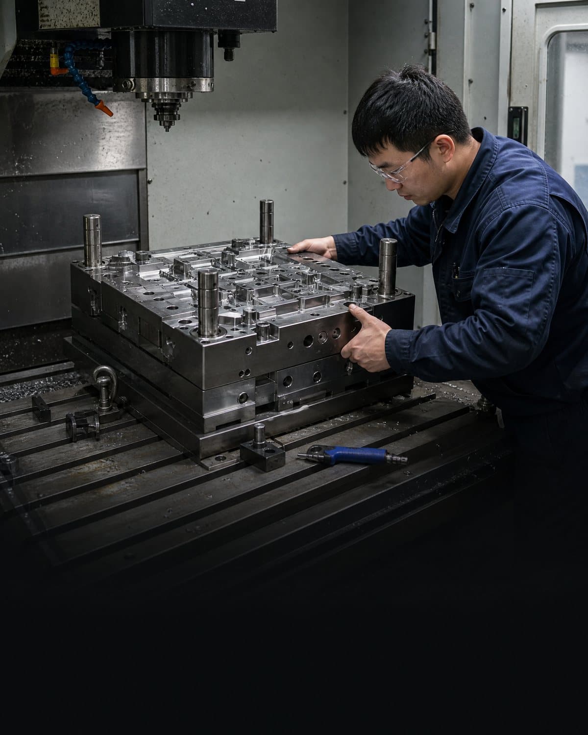 Toolmaker aligning a precision steel injection mold in a CNC toolroom